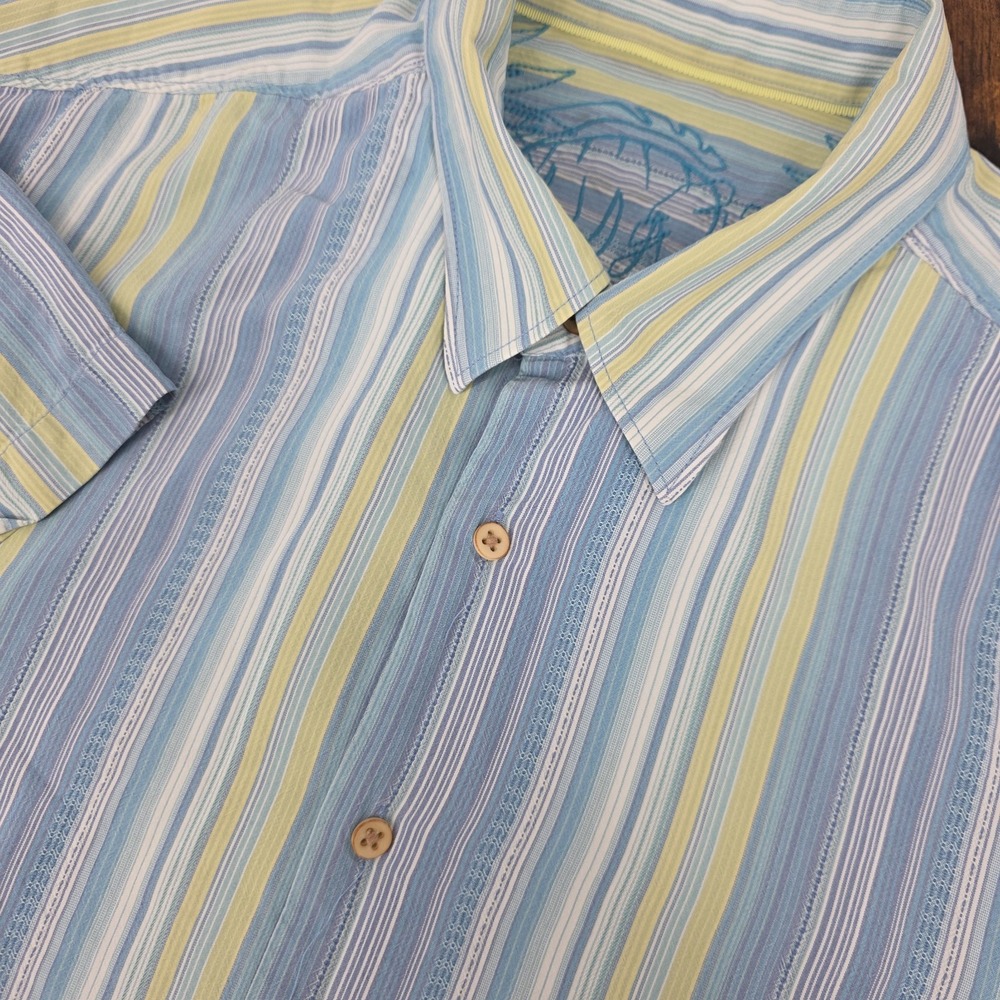 Tommy Bahama Men's Camp Button Up Shirt Blue Green Striped‎ Retro 100% Silk XL